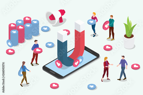 isometric viral content social media marketing team people with magnet to attract tractions followers with like and share - vector