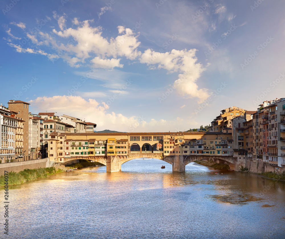 Italy. Florence, panoramic view of Ponte Vecchio on the Arno river