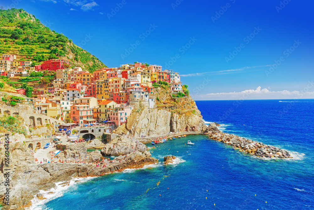 Manarola, Italy - the Cinque Terre National Italian park. UNESCO world heritage site. Historical ancient Mediterranean place. Famous and Popular travel destination. Manarola is one of five villages.