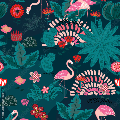 Seamless pattern. Flamingo and a Tropical forest. Textile composition.