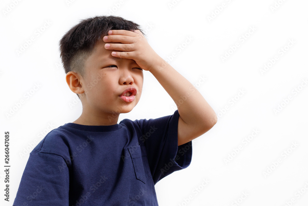 Little Asian boy with crazy shocked expression and hand holding his head isolated on white background. Little Asian boy with crazy shocked expression and hand holding his head isolated on white background.