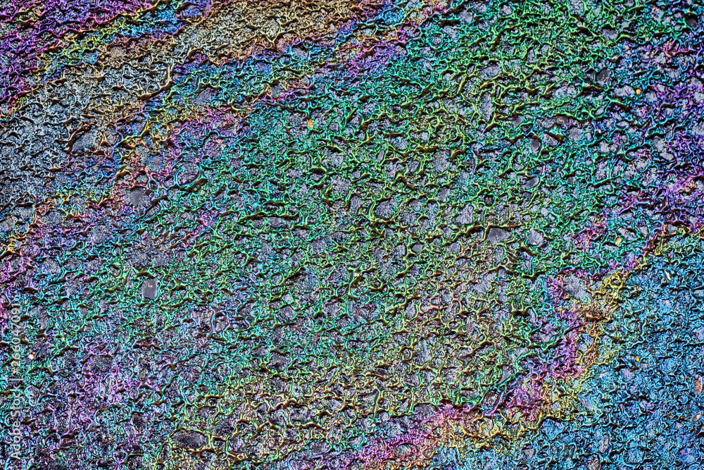 Abstract texture of oil on wet asphalt.