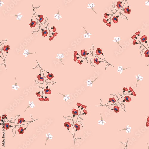 Blossom floral seamless pattern. Blooming botanical motifs scattered random. Vector texture with doodle elements. Good for fashion prints. Hand drawn flowers with leaves, branches on pink background