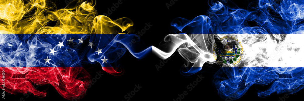 Venezuela vs El Salvador, Salvadorian smoky mystic flags placed side by side. Thick colored silky smoke flags of Venezuela and El Salvador, Salvadorian Venezuela vs El Salvador, Salvadorian smoky mystic flags placed side by side. Thick colored silky smoke flags of Venezuela and El Salvador, Salvadorian