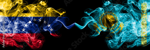 Venezuela vs Kazakhstan, Kazakhstani smoky mystic flags placed side by side. Thick colored silky smoke flags of Venezuela and Kazakhstan, Kazakhstani photo