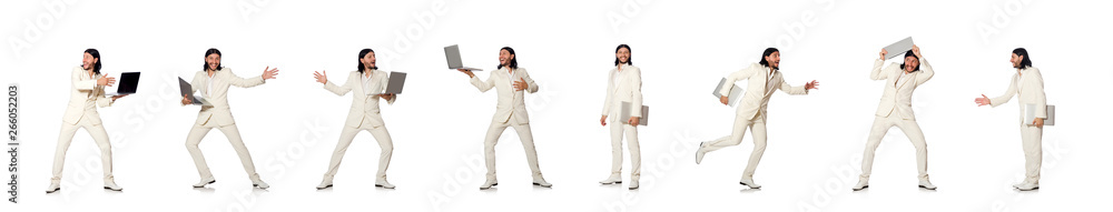 Young man with laptop isolated on white