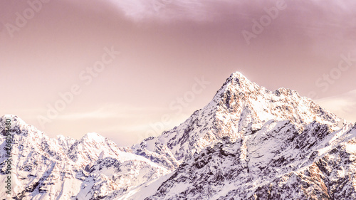 Mountain Peaks Sunset, Winter In Mountains Sunrise background banner, Climate Change And Environment Concept