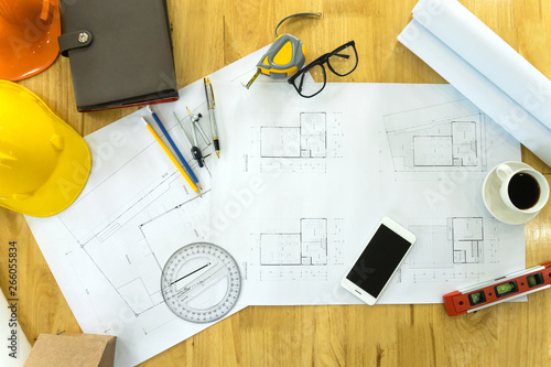 Top view architectural plans work space