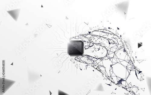 Hand holding a computer processor. Abstract polygonal, lines, triangles and particle style design. Illustration vector