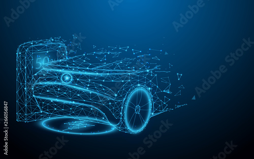 Electric car at charging station from lines, triangles and particle style design. Illustration vector