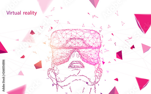 Man wearing virtual reality goggles. Abstract lines, triangles and particle style design. Illustration vector