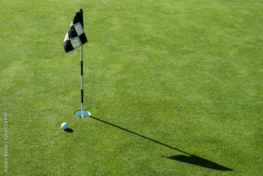 Golf ball on practice putting green next to hole and flag, sunny morning  Stock Photo | Adobe Stock