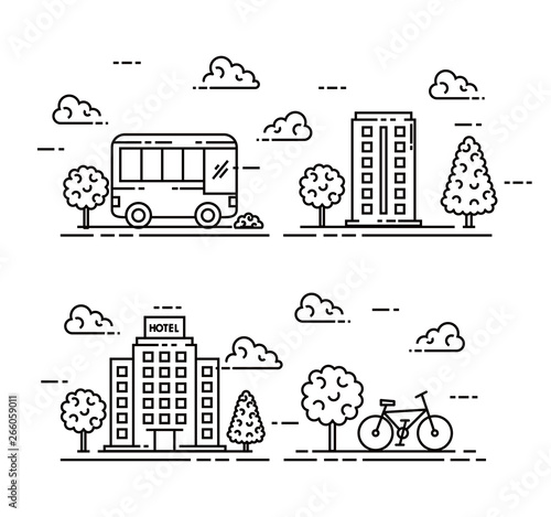 set of bus and bicycle city transport with building structure