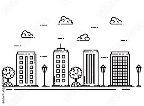 line building city with street lamps and trees