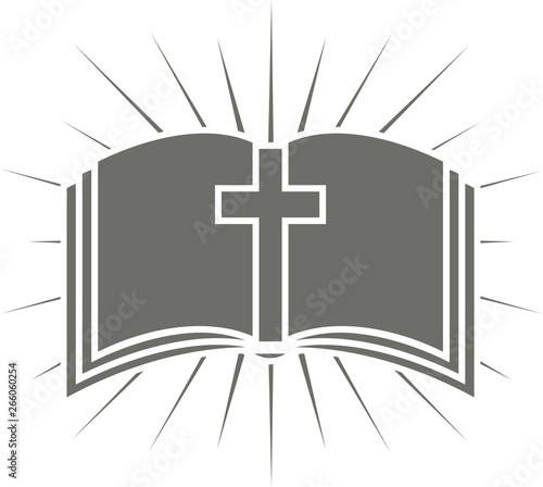 The Bible and the cross with rays. Black and white illustration on religious theme in vector