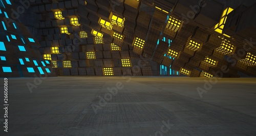 Abstract Concrete Futuristic Sci-Fi interior With Blue And Yellow Glowing Neon Tubes . 3D illustration and rendering.