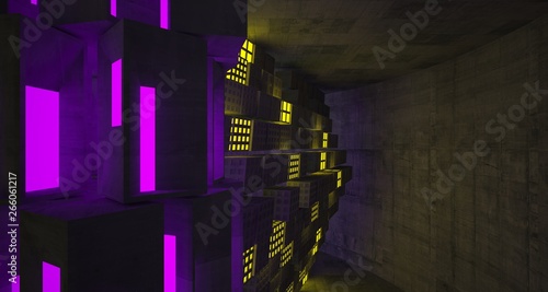 Abstract Concrete Futuristic Sci-Fi interior With Pink And Green Glowing Neon Tubes . 3D illustration and rendering.