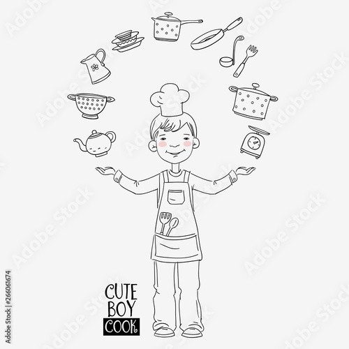 Cute and smiling boy in chef uniform on white background. Little child cook with kitchen utensils set