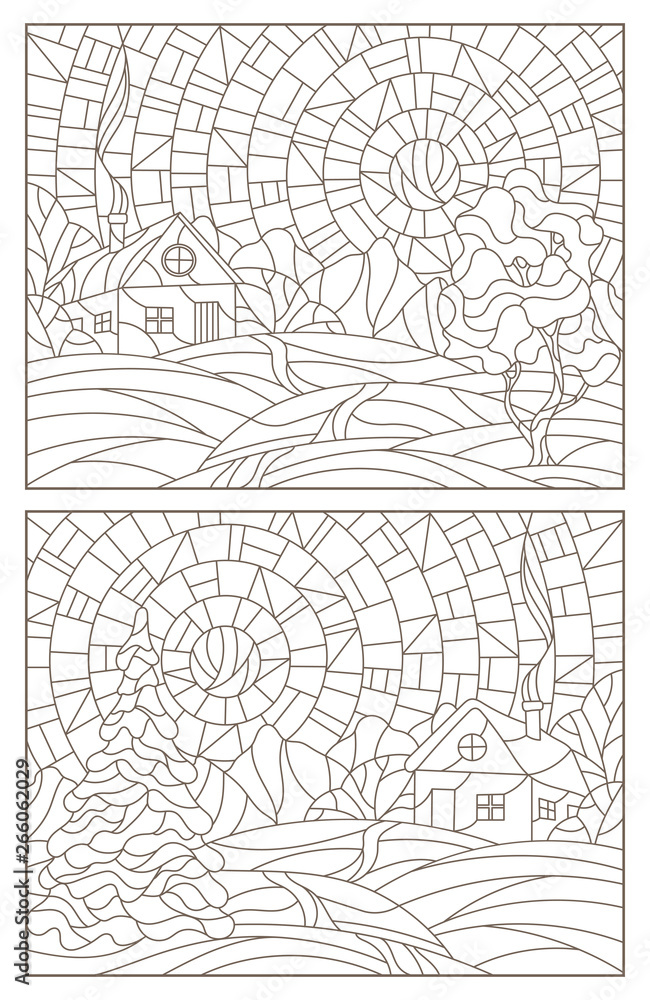 Set contour illustrations of stained glass Windows landscape , lonely house on a background of nature