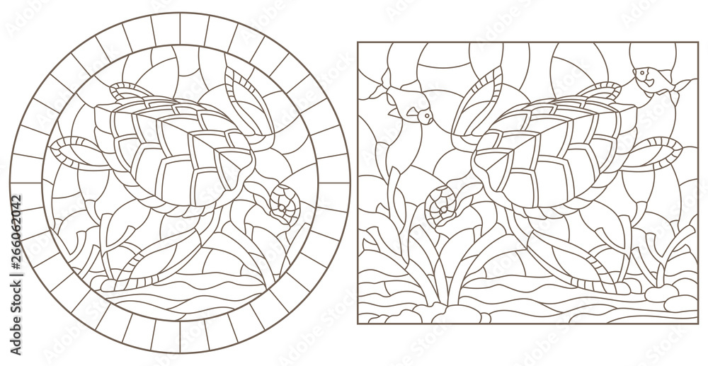 Set of contour illustrations of stained glass Windows with turtles on the background of the seabed, dark contours on a white background Set of contour illustrations of stained glass Windows with turtles on the background of the seabed, dark contours on a white background
