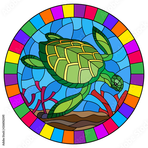 Photography Illustration in stained glass style with sea turtle on the seabed background wit