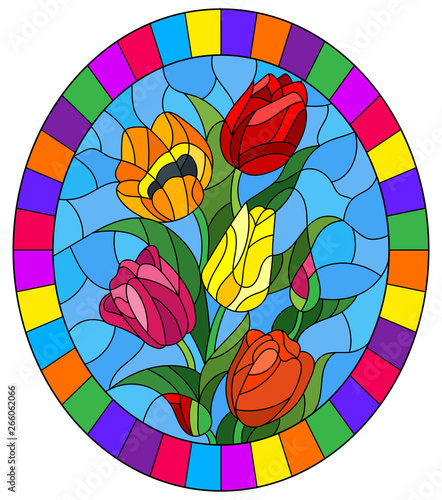 Illustration in stained glass style with a bouquet of colorful tulips on a blue background, oval image in bright frame 