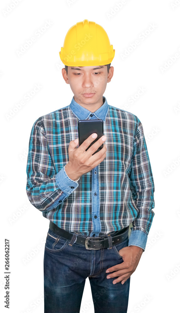 Businessman engineer talk command with cell phone with 5g network, high-speed mobile Internet. and wear wear yellow safety helmet plastic. future technology concept on white background Businessman engineer talk command with cell phone with 5g network, high-speed mobile Internet. and wear wear yellow safety helmet plastic. future technology concept on white background