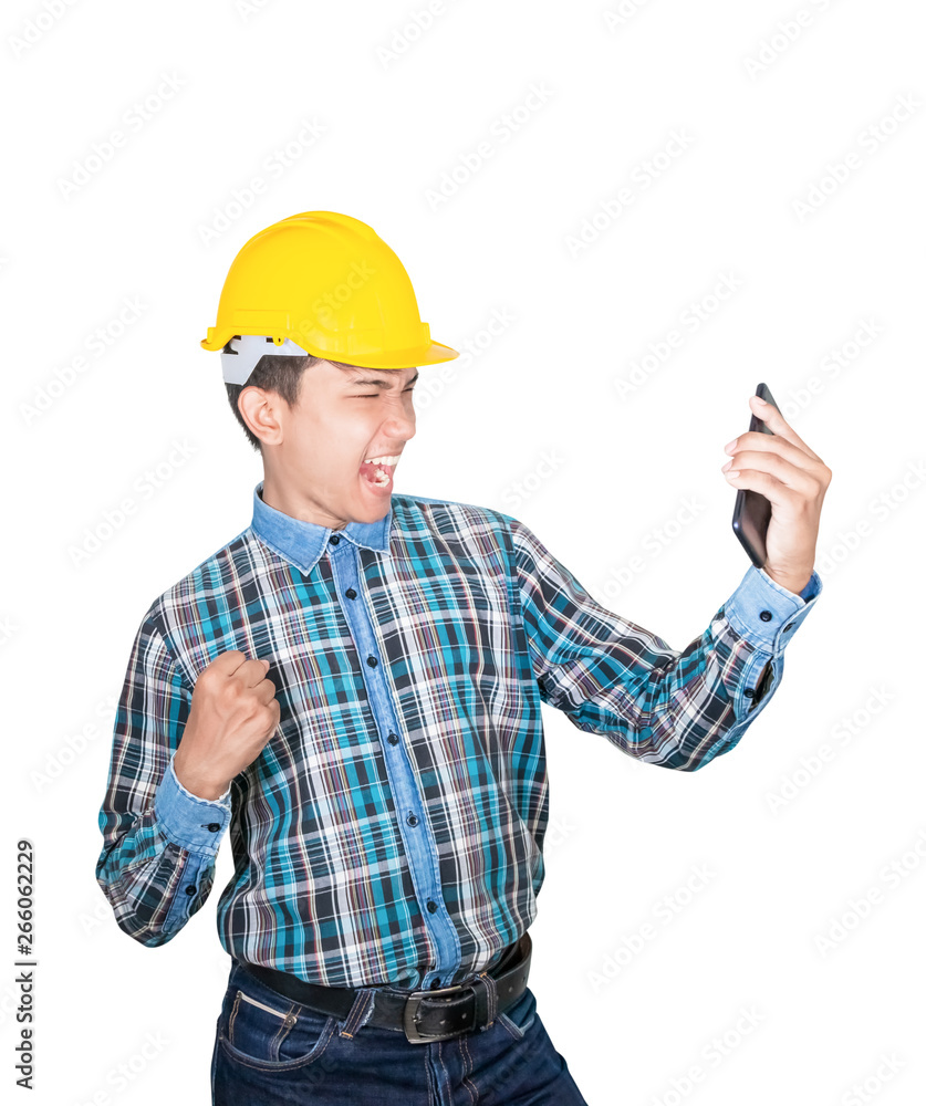 Businessman engineer talk command with cell phone with 5g network, high-speed mobile Internet. and wear wear yellow safety helmet plastic. future technology concept on white background Businessman engineer talk command with cell phone with 5g network, high-speed mobile Internet. and wear wear yellow safety helmet plastic. future technology concept on white background