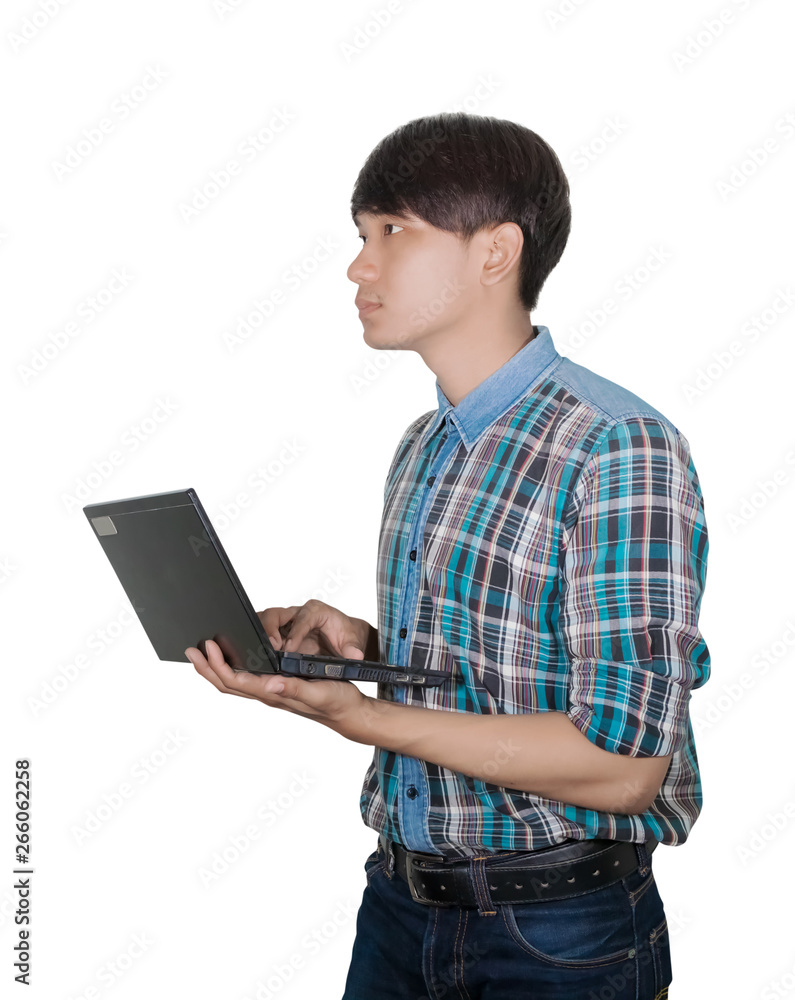 businessman handsome young using Laptop computer on white background businessman handsome young using Laptop computer on white background