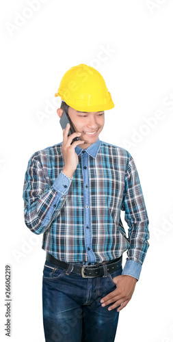 Businessman engineer talk command with cell phone with 5g network, high-speed mobile Internet. and wear wear yellow safety helmet plastic. future  technology concept on white background