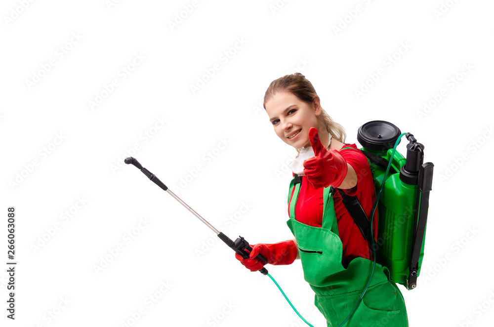 Female pest control contractor isolated on white Female pest control contractor isolated on white