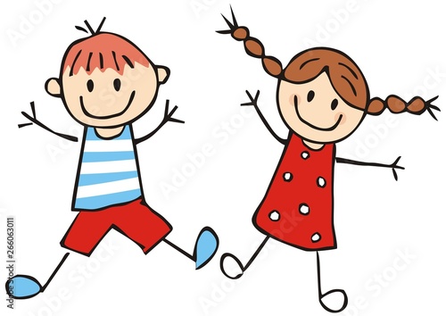 Two happy preschool kids, little girl and boy, funny vector illustration