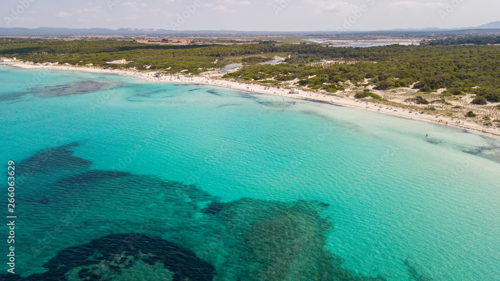 Amazing drone aerial landscape of the charming beach Es Trencs and the boats with a turquoise sea. It has earned the reputation of Caribbean beach of Mallorca. Spain