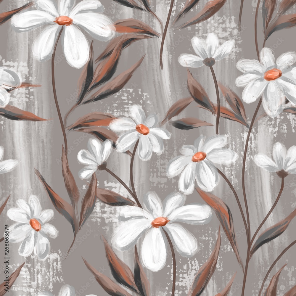 Seamless pattern with chamomiles. Floral background in oil painting style