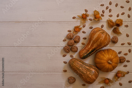 Fresh organic vegetables. Food background. Healthy autumn food border background with pumpkins, physalis, walnut and pumpkin seeds with copy space for text. Top view autumn food backdrop. Toned image.