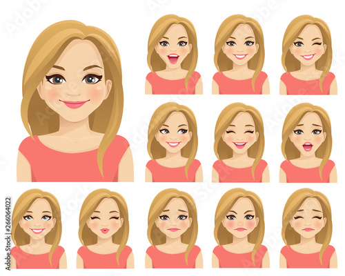 Blond woman with different facial expressions set isolated
