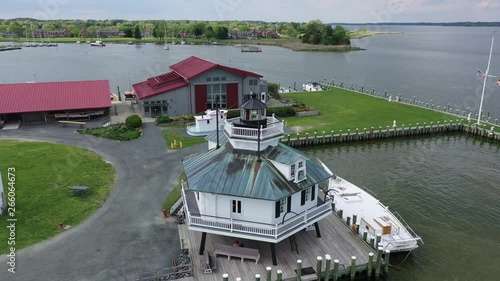 Aerial footage of the wooden historic lighthouse on the Chesapeake Bay in St. Micheals Maryland USA