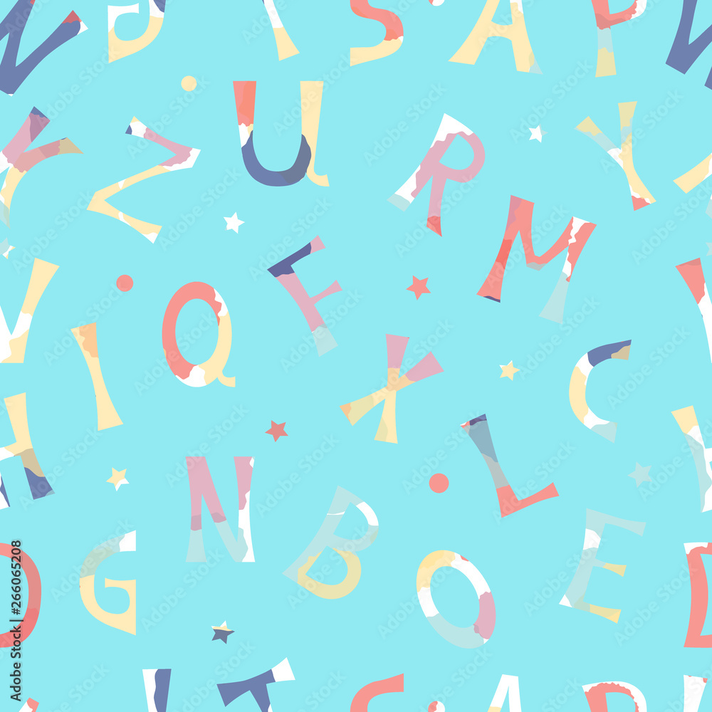 Seamless modern pattern in bright colors with letters.  For decoration, invitation on kid celebrate, fabric, textile and linen print, web page background, gift and wrapping paper.