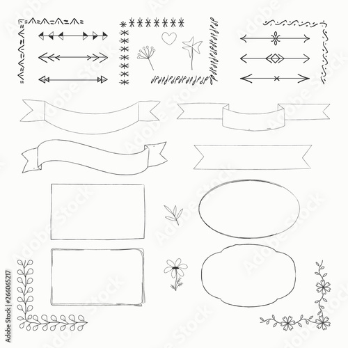 Vector illustration with hand drawn doodle elements: frames, borders, tapes, arrows, flowers isolated on white background. Set for notebook, diary or Bullet journal.