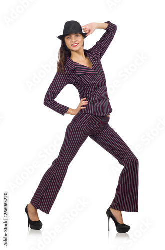 Woman wearing striped costume isolated on white