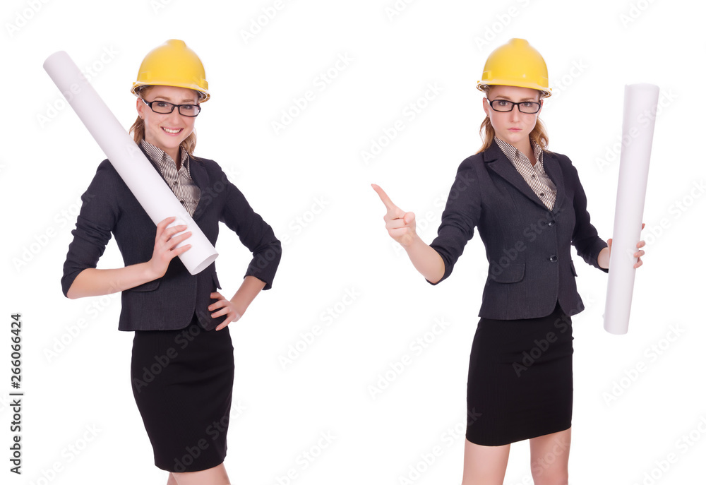 Female architect with blueprint isolated in white Female architect with blueprint isolated in white