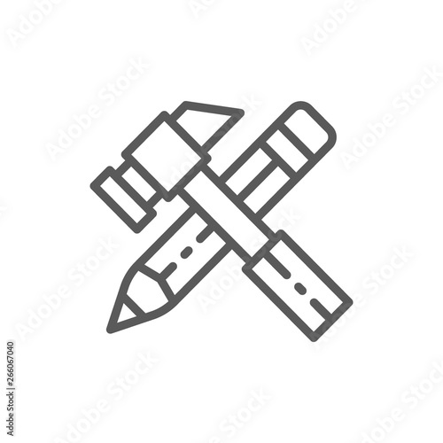 Working tools, hammer with pencil line icon.