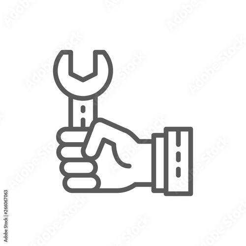 Hand with wrench, working process line icon.