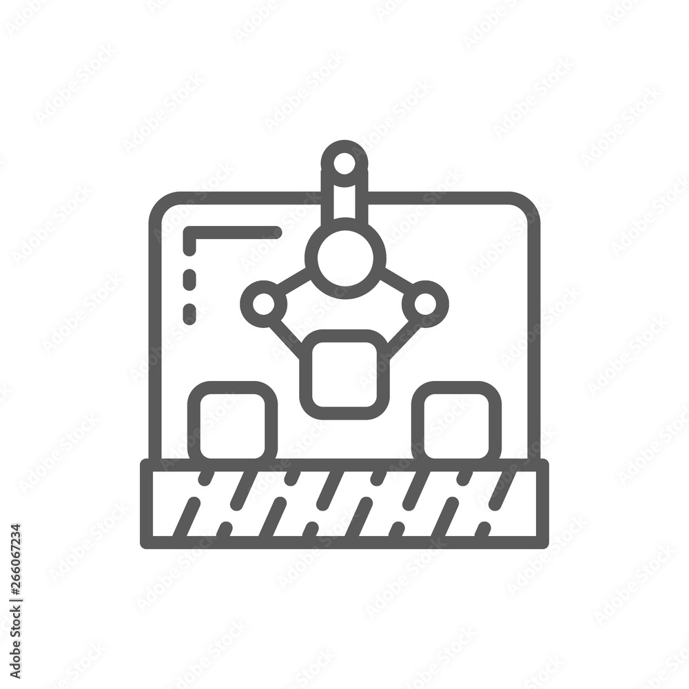 Robotic manipulator on conveyor, production line icon. Robotic manipulator on conveyor, production line icon.