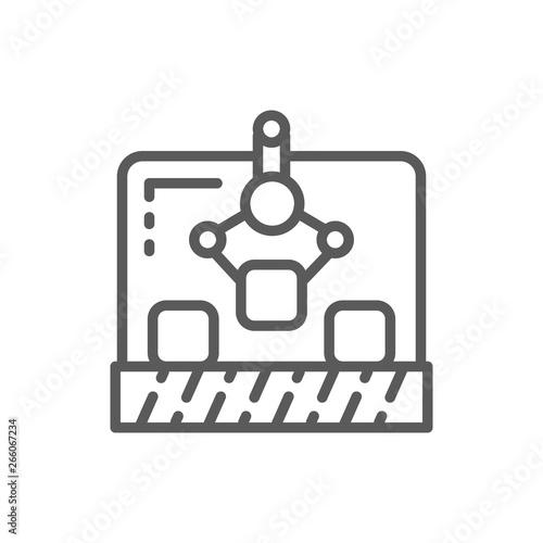 Robotic manipulator on conveyor, production line icon.
