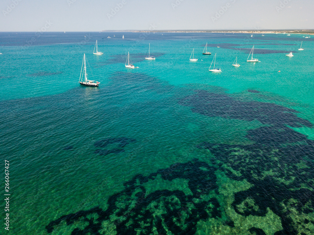 Amazing drone aerial landscape of the charming area of Es Trencs and the boats with a turquoise sea. It has earned the reputation of Caribbean beach of Mallorca. Spain