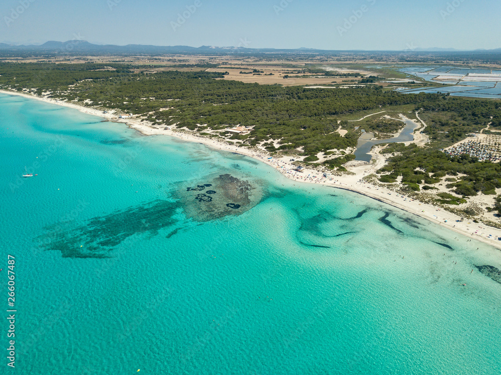 Fototapeta premium Amazing drone aerial landscape of the charming beach Es Trencs and the boats with a turquoise sea. It has earned the reputation of Caribbean beach of Mallorca. Spain