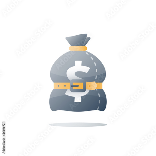 Sack with belt, tied money bag, budget deficit, finance planning, economy concept, efficient spending