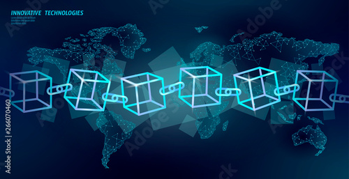 Blockchain cube chain symbol square code. Big data international flow. Blue neon glowing planet Earth map. Cryptocurrency finance bitcoin business concept vector illustration template