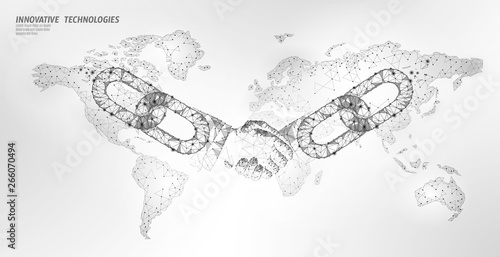 Blockchain technology agreement handshake business concept low poly. Polygonal point line geometric design. Hands chain link internet hyperlink connection blue vector illustration